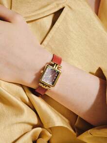 Opalesca 1pc Women's Quartz Watch, Fashionable Minimalist Classic Rectangular Small Dial, Vintage British Style, Niche Luxury Fashion Quartz Watch - Red - View 6
