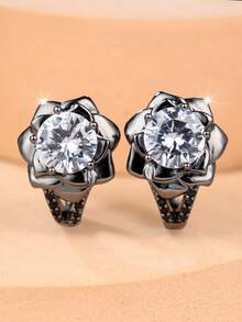 1 Pair Of Elegant And Delicate Women's Earrings Featuring A Cubic Zirconia Flower Design-Perfect For Dates And Everyday Wear - Gun Black - View 2