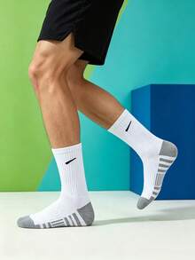 1/5/10/20 Pairs Men's Small Hook Pattern Mid-Calf Socks, Striped Sole Design, Simple Versatile, Comfortable Soft Sports Running Socks - Multicolor - View 3