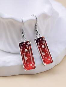 YUJUGLOW 1 Pair Christmas Red Background Falling Snowflake & Light Spot Pattern 316 Stainless Steel Water Drop Earrings, Suitable For Women's Daily Wear - Red - View 5