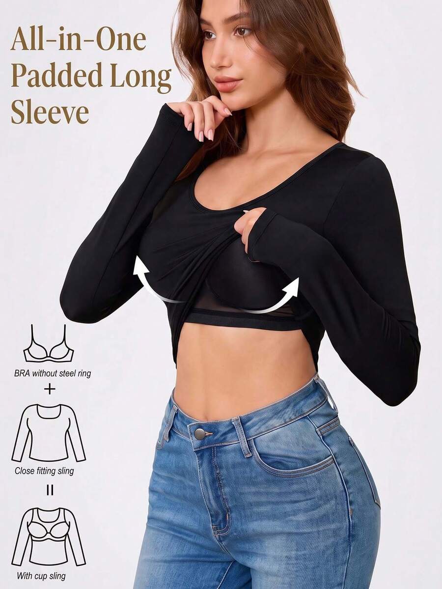 1pc Autumn/Winter Round Neck Long Sleeve Base Layer Top, 2-In-1 Built-In Padded Solid Color Slimming Outerwear Sports Top - Black - View 1