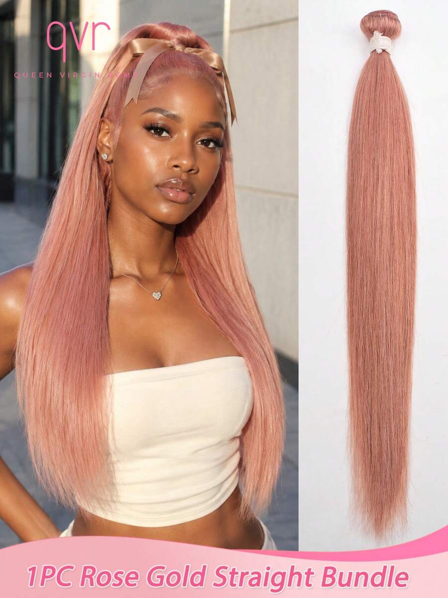 QVR QUEEN VIRGIN REMY QVR Rose 1pc Bundel Rambut Manusia Lurus Emas Panjang Lurus Warna Pink untuk Ekor Kuda 22-26 Inci - S Mawar Merah Muda - View 1