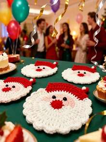 1/2/4pcs Santa Claus Design Knitted Beverage Coasters,Winter Christmas Table Decor,Drink Mats,Heat-Resistant Non-Slip Pads,Soft Handmade Knitted Coasters Suitable For Holiday Kitchen Parties,Christmas Gifts For Family And Friends,Kitchen Essentials - View 5