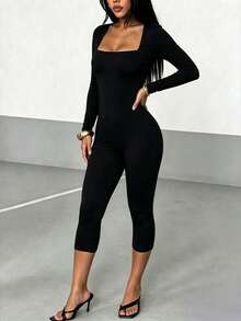 AiTyi Women's Y2K Square Neck Long Sleeve Capri Bodycon Jumpsuit, Tight Stretch Shaping Romper For Daily,Slim Fit,Versatile,Fall/Winter,Halloween - Black - View 9