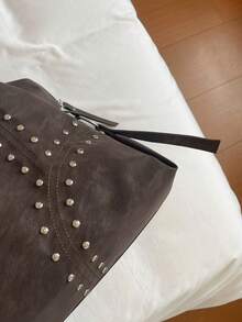 Tas Tote Dekorasi Rivet Vintage, Tekstur Usang, Kapasitas Besar, Tas Bahu, Tas Genggam, Tas Selempang, Untuk Perjalanan Sehari-hari, Tas Kasual Wanita - MultiWarna - View 4