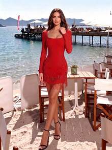 Elegant Women's Long Sleeve Tassel Rhinestone Hem Bandage Dress - Red - View 2