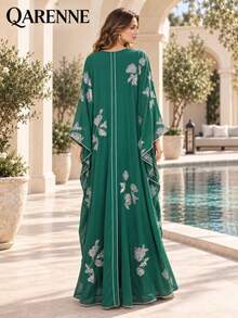 Silver Floral Embroidered 2‑Piece Kaftan Set, Batwing Sleeve Tassel DecorOpen Robe With Belt & Inner Dress,Loose Floor‑Length Formal Evening Maxi Gown - Green - View 3