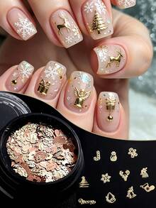 1Box 3D Metal Christmas Nail Art Charms – A Random Assortment Of Cute Designs Including Gold Snowflakes, Gingerbread Men, Christmas Trees, Stockings,Perfect For DIY Nail Decoration And Nail Salon Use. - Gold - View 1