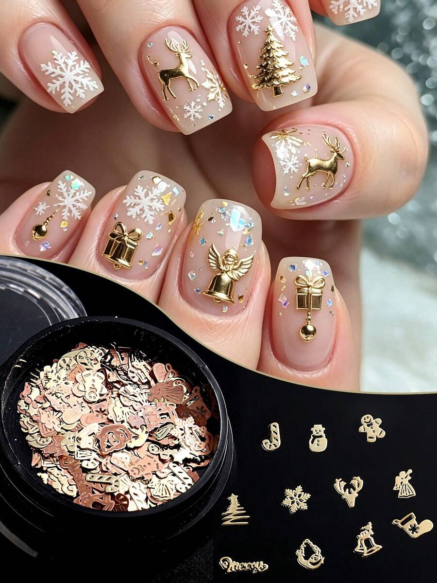 1Box 3D Metal Christmas Nail Art Charms – A Random Assortment Of Cute Designs Including Gold Snowflakes, Gingerbread Men, Christmas Trees, Stockings,Perfect For DIY Nail Decoration And Nail Salon Use. - Gold - View 1