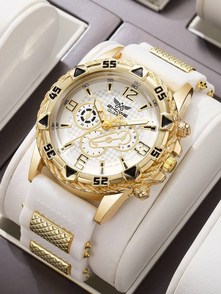 Men's Silicone Watch Classic Fashion Three-Eye Digital Scale Dial Handsome Sports Quartz Wristwatch, Gift For Boyfriend Watch (1pc/Set) Not Including Watch Box - White - View 1
