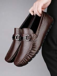 Men's Shiny Metal Horsebit Slip-On Loafers, Microfiber Leather Wear-Resistant Textured Grip Soft Sole, Business Commute Date Casual Versatile Men's Shoes - Brown - View 3