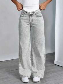 Jeans de pierna recta y ajuste holgado con bolsillos para adolescentes, casuales y versátiles - Gris - Ver 2