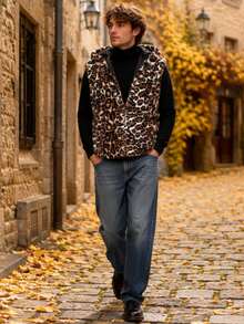 Men's Faux Fur Hooded Leopard Print Jacket, Autumn/Winter Outdoor Casual Wear - Mocha Brown - View 8