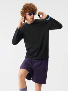 veidoorn Men's Solid Color Long-Sleeve Top With Letter Print,Simple Casual Sports T-Shirt, Daily Top - Black - View 5