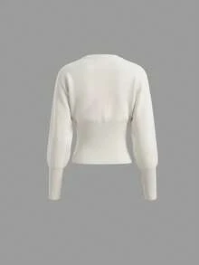 Women's Drop Shoulder Round Neck Buttoned Ribbed Waist Fashion Casual Commute Wear Solid Color Long Sleeve Knit Sweater Cardigan Outfit, Fall Winter - Beige - View 7