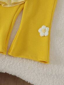 2pcs Baby Girl Casual Cute 3D Knit Flower Yellow Ribbed Ribbed Top And Flared Long Pants Set, Thin Spring/Autumn - Yellow - View 7