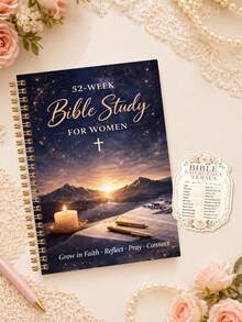 1pc 52-Week Bible Study For Women With 3 Stickers, Spiral Faith Journal, Scripture Reading, Reflection & Weekly Tracker, Bible Study Materials, Nurse Essentials, Office Decor, Halloween Notebook - Rectangle - View 1