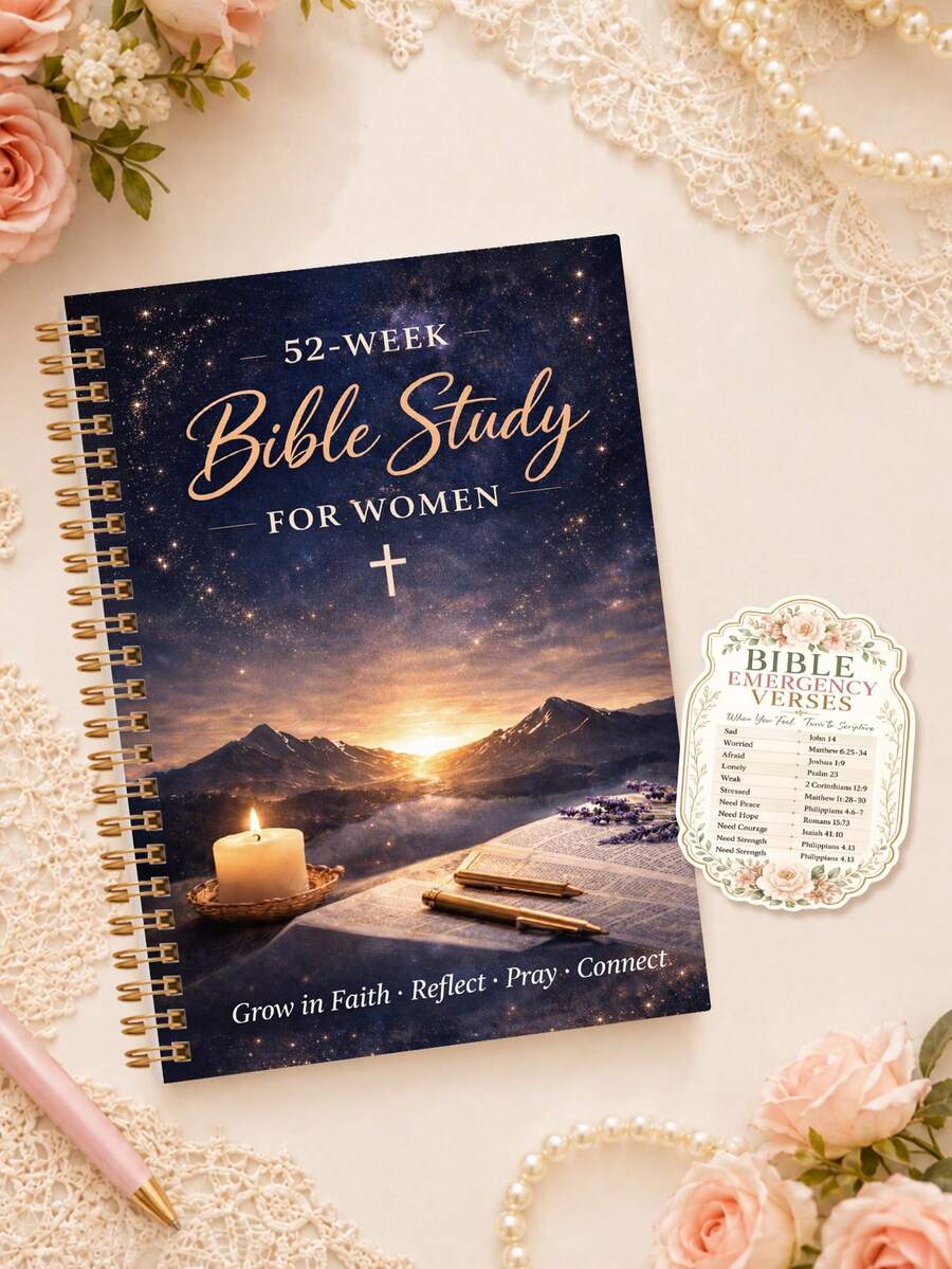 1pc 52-Week Bible Study For Women With 3 Stickers, Spiral Faith Journal, Scripture Reading, Reflection & Weekly Tracker, Bible Study Materials, Nurse Essentials, Office Decor, Halloween Notebook - Rectangle - View 1