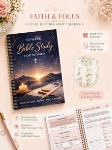 1pc 52-Week Bible Study For Women With 3 Stickers, Spiral Faith Journal, Scripture Reading, Reflection & Weekly Tracker, Bible Study Materials, Nurse Essentials, Office Decor, Halloween Notebook - Rectangle - View 7