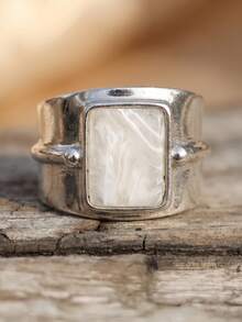 1pc Vintage Wide Line Wrapped Moonstone Boho Style Unisex Ring, Suitable For Parties, Holidays, Gifts, And Daily Wear - Silver - View 2