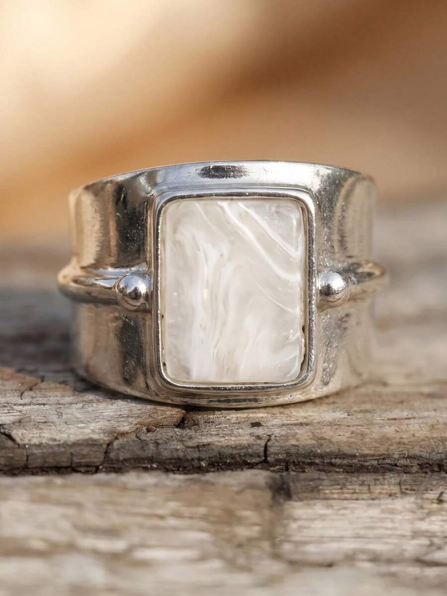 1pc Vintage Wide Line Wrapped Moonstone Boho Style Unisex Ring, Suitable For Parties, Holidays, Gifts, And Daily Wear