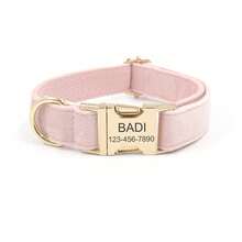 1 pieza Collar de perro de terciopelo personalizado grabado con nombre, número de teléfono y etiqueta de identificación, suave y cómodo ajustable para perros pequeños, medianos y grandes, material de acero inoxidable, conjuntos de paseo a juego, regalo para amantes de mascotas, tonos tierra, equipo de perro estéti - Rosa Pálido - Ver 18