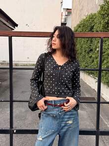 Women's Black Polka Dot V-Neck Tie-Front Knit Top, Short Slim Fit Flattering Blouse, Spring/Autumn Outerwear Layer - Black - View 5