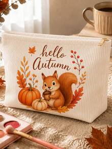 「HELLO AUTUMN」主題燈芯絨化妝包｜化妝品收納袋｜旅行收納袋｜旅行必備｜盥洗包｜母親節禮物｜教師節禮物｜適合媽媽、老師、朋友與護理師｜秋冬必備｜居家必備｜易清潔設計｜便攜化妝盒｜秋季感恩節（隨機印花裁切） - 彩色 - 查看 11