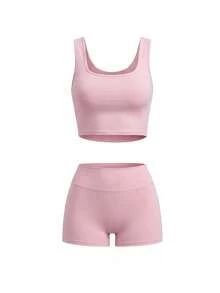 Women's Casual Backless Removable Padding Sport 2-Piece Set,U-Shaped Neck Solid Color Tank Tops,Skinny Basic High Waist Legging Shorts,For Yoga,Daily - Pink - View 4