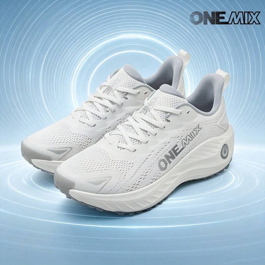 ONEMIX 時尚運動休閒跑步鞋，舒適緩震，低筒厚底，防滑耐磨，白色