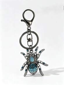 1pc Vintage Rhinestone Spider Keychain, Gothic Style Halloween Blue Cat Eye Pendant, Gunmetal Lobster Clasp Key Ring, Car Bag Charm, Halloween Gift - Multicolor - View 5