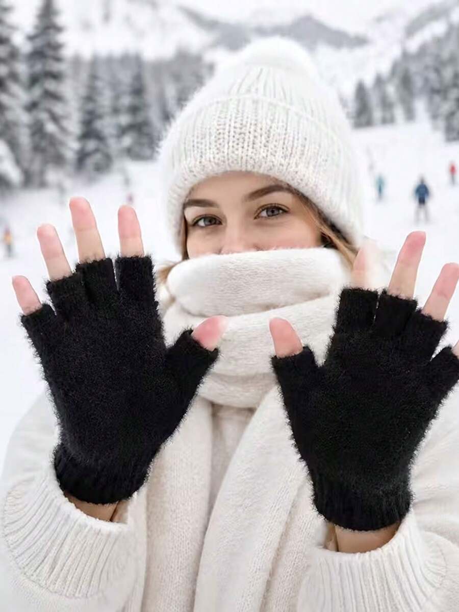 Women's Warm Half Finger Gloves, Exposed Thumb And Index Finger, Elastic, Suitable For Office, Driving, Cycling, Winter Use, Can Be Used For Handwriting, Halloween, Thanksgiving, Christmas Gifts, Hand Washable - Multicolor - View 1
