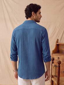 glestore Men's Retro-Style Old-Money Casual Solid-Colour Simple Textured Striped Long-Sleeved Shirt, Fashionable And Versatile. - Navy Blue - View 3