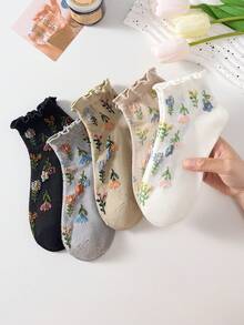 5 Pairs Women's French Vintage Court Style Floral Pattern Embossed Fashion Short Socks Invisible Socks Lace Socks, Ankle Socks Boat Socks, Skin-Friendly Soft Socks, Suitable For Daily Casual Wear, Suitable For Spring Summer All Seasons - Multicolor - View 6
