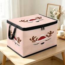 1PC Foldable Christmas Storage Box, Light Pink Background With Cute Reindeer Antlers And Red Christmas Hat Print, Zipper Handle Fabric Storage Bin, Soft Holiday Decor Organizer, Suitable For Home Closet And Bedroom - Multi-color - View 5
