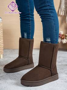 Women's Plus Size Snow Boots, Autumn/Winter New Solid Color Round Toe Thick Sole Warm Lining Slip-On Flat Mid-Calf Boots - Brown - View 1