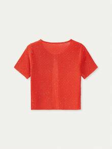 Spring/Summer New Women's Y2K Orange Knit Top, Round Neck Short Sleeve Argyle Pattern Sequin Knit Top, Casual Beach Party - Orange - View 8