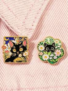 1 Pc Cartoon Flower & Cat Enamel Brooch, Cute Animal‑Shaped Badge, Pin For Backpacks & Clothes, Fashion Accessory, Gift For Friends - Multicolor - View 1