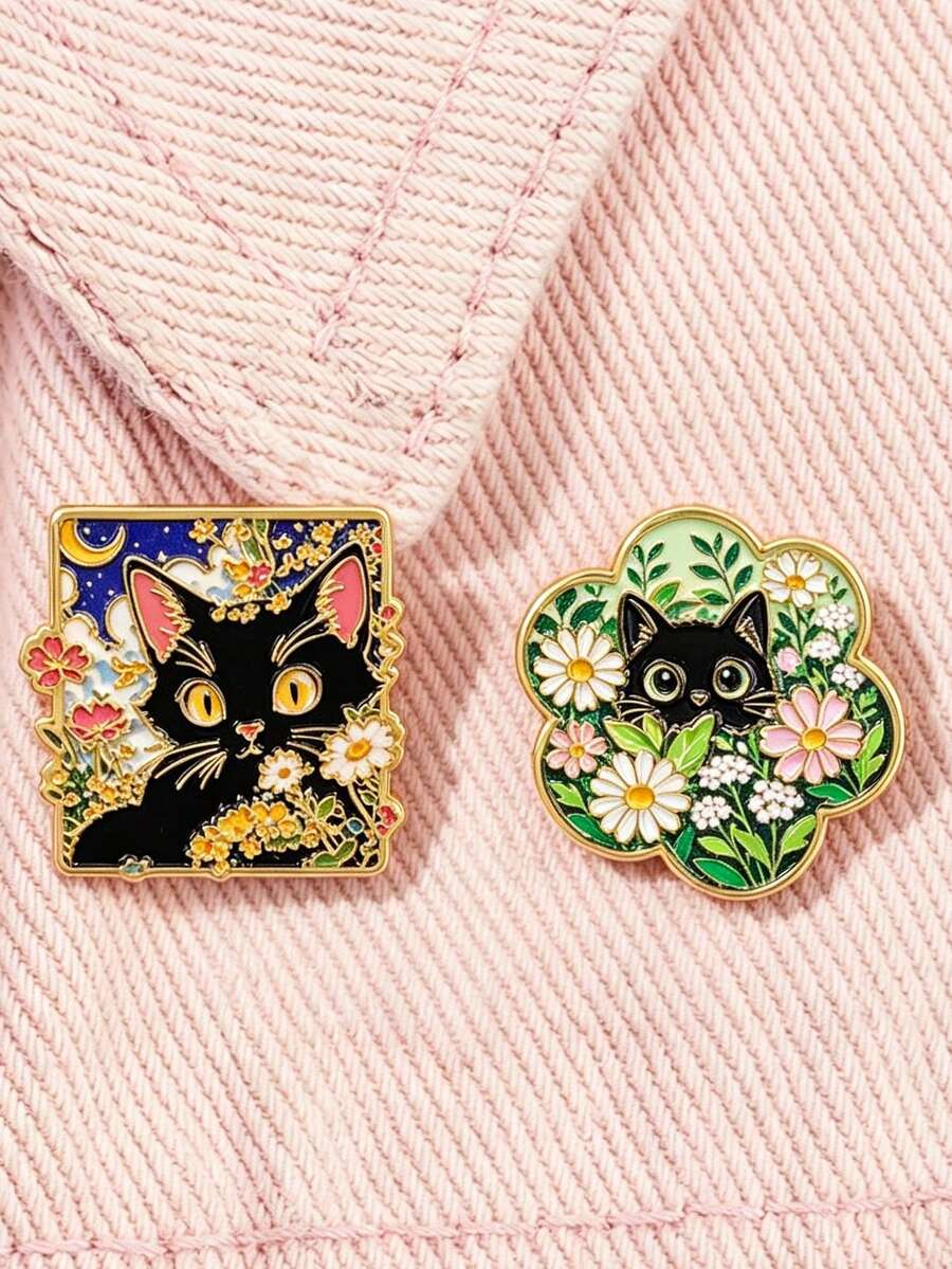 1 Pc Cartoon Flower & Cat Enamel Brooch, Cute Animal‑Shaped Badge, Pin For Backpacks & Clothes, Fashion Accessory, Gift For Friends - Multicolor - View 1