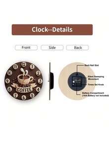 1pc 2D Coffee Cup Design Silent Wall Clock, Wooden Round Eternal Wood Plate, Fashion Kitchen Decor, Suitable For Coffee Lovers, Create Cozy Morning Atmosphere, AA Battery Powered (Battery Not Included) - Multicolor - View 8