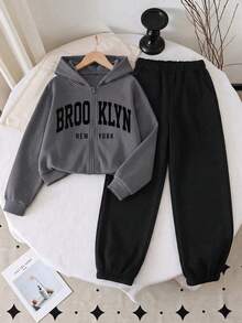 2pcs/Set Girls Toddler Autumn/Winter New Letter Print Zip-Up Hoodie And Cuffed Pants Casual Outfit Set - Black - View 1