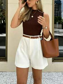 Women Solid Color Pleated Wide Leg Loose Casual Shorts - White - View 1