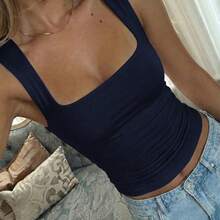 Vaiaye Women's Solid Color Square Neck Fitted Casual Camisole, Minimalist Retro Solid Color Vest, Summer Fashion Backless Knit Camisole, Casual Versatile, Suitable For Commuting - Navy - View 11