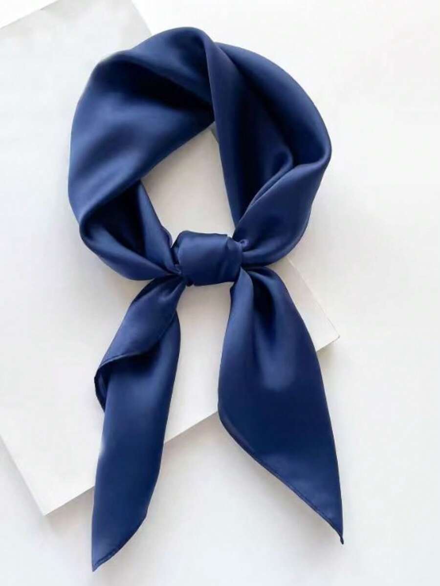 Women's Solid Color Square Silk Scarf, Fashionable Solid Color Silk Scarf, Multi-Functional Headband, Waist Belt, Bag Strap - Navy Blue - View 1