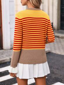 New Arrival Autumn/Winter Fashion Women's Color Block Striped Knit Cardigan Single-Breasted Sweater Jacket - Khaki - View 3
