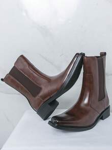Men's Brown Chelsea Boots Square Toe Side Elastic Band Slip-On Ankle Boots British Style Height-Increasing Chunky Heel Shoes - Brown - View 1