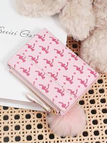 Ladies' Bow Printed Wallet Zipper Folding Button Short Wallet, With A Pom-Pom Charm, Suitable For Daily Commuting Travel - Hot Pink - View 6