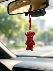 1pc Rhinestone Shiny Bear Car Rearview Mirror Hanging Decoration, Car Interior Decoration Accessory, Car Ornament - A - View 6