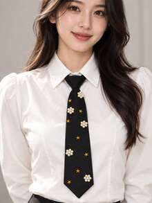 1pc Women's Zipper Style Pearl & Star Embellished Fashion Casual Outfit With Tie - Black - View 3