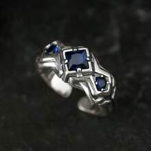 CIREY 1pc Vintage Lone Star Blue Sapphire Ring, Men's Thai Silver Open Band Ring, Unique Niche Design - Lone Star Ring - View 6